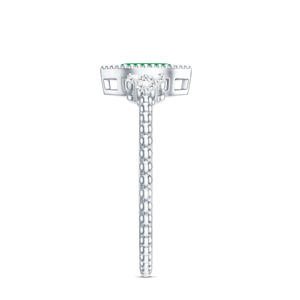 Vintage-inspired emerald engagement ring with trio diamonds from Rosec Jewels, showcasing a detailed band and sparkling gemstones.