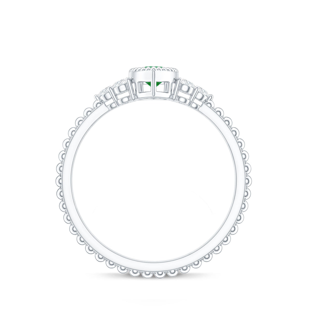 Vintage inspired emerald engagement ring with trio diamonds, crafted by Rosec Jewels, featuring detailed band and elegant design.