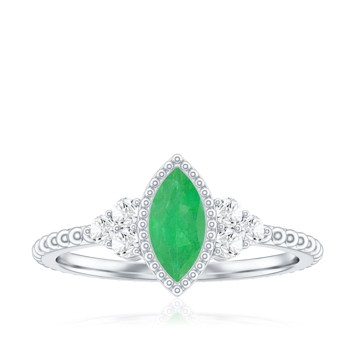 Vintage-inspired emerald promise engagement ring with trio diamonds by Rosec Jewels, featuring a detailed gold band and green gemstone.