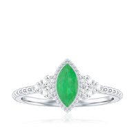 Vintage-inspired emerald promise engagement ring with trio diamonds by Rosec Jewels, featuring a detailed gold band and green gemstone.