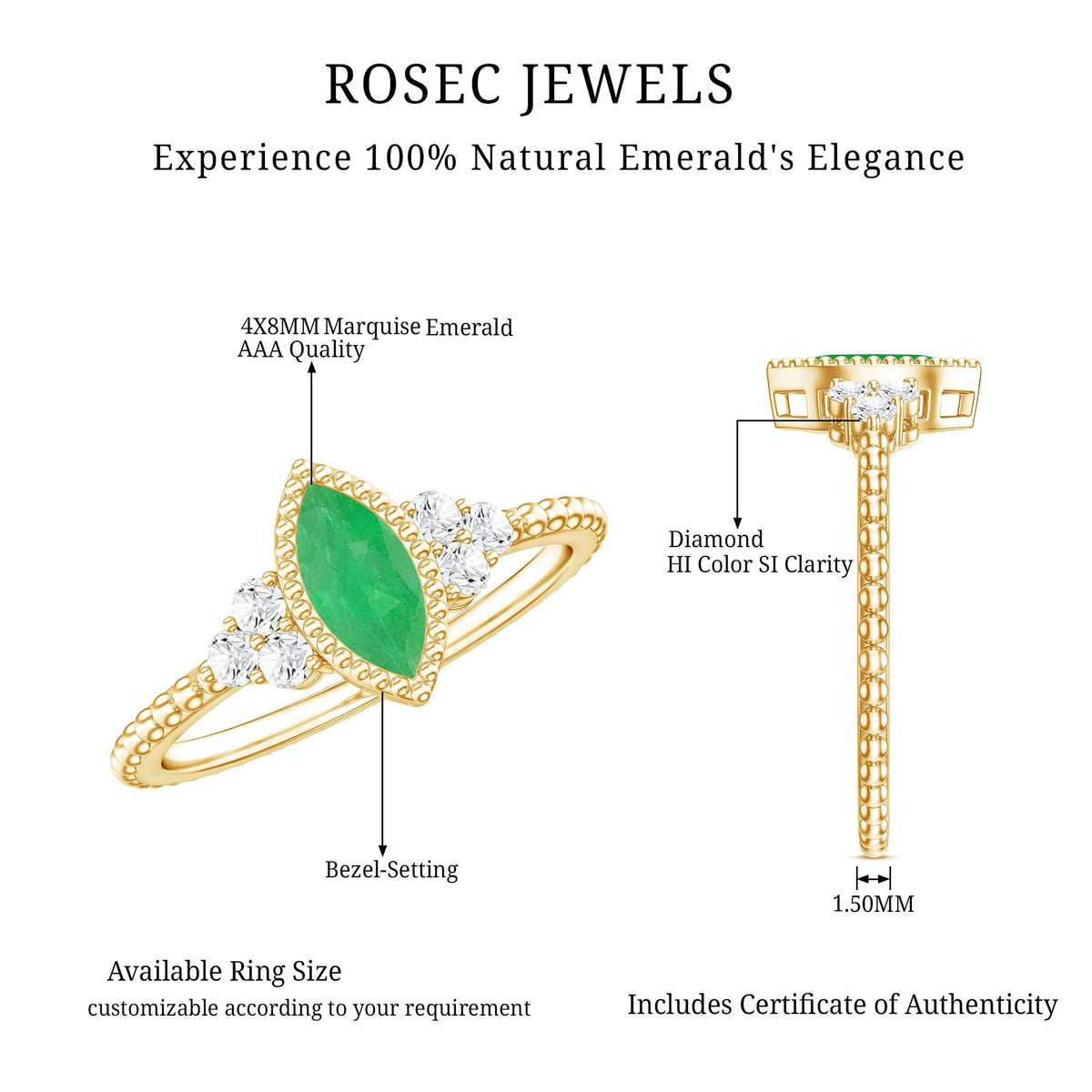 Vintage-inspired emerald engagement ring with trio diamonds from Rosec Jewels, showcasing a central emerald and sparkling side stones.