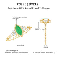 Vintage-inspired emerald engagement ring with trio diamonds from Rosec Jewels, showcasing a central emerald and sparkling side stones.