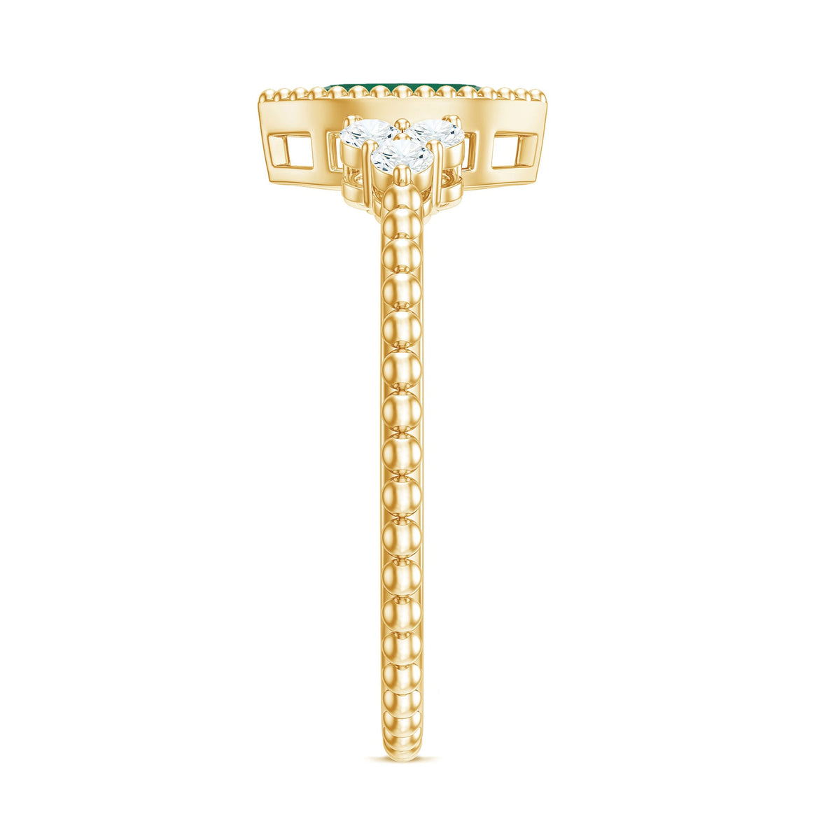 Vintage-inspired emerald engagement ring with trio diamonds by Rosec Jewels, showcasing a detailed gold band and sparkling gemstones.