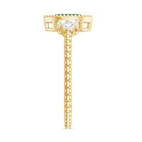 Vintage-inspired emerald engagement ring with trio diamonds by Rosec Jewels, showcasing a detailed gold band and sparkling gemstones.