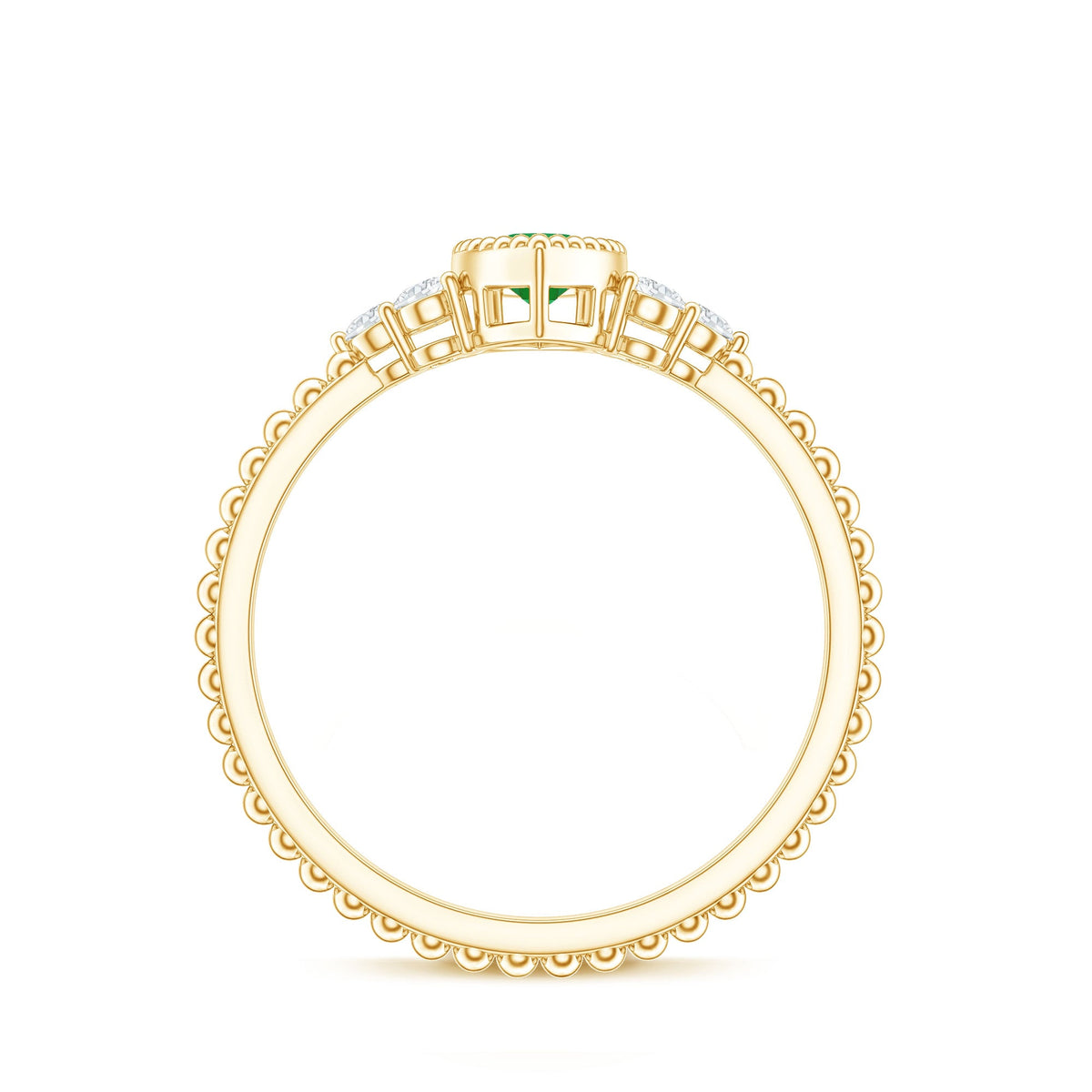 Vintage-inspired emerald promise engagement ring with trio diamonds, featuring intricate details and a classic design by Rosec Jewels.