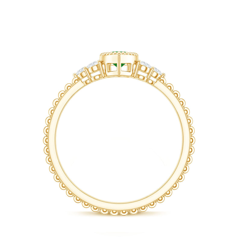 Vintage-inspired emerald promise engagement ring with trio diamonds, featuring intricate details and a classic design by Rosec Jewels.