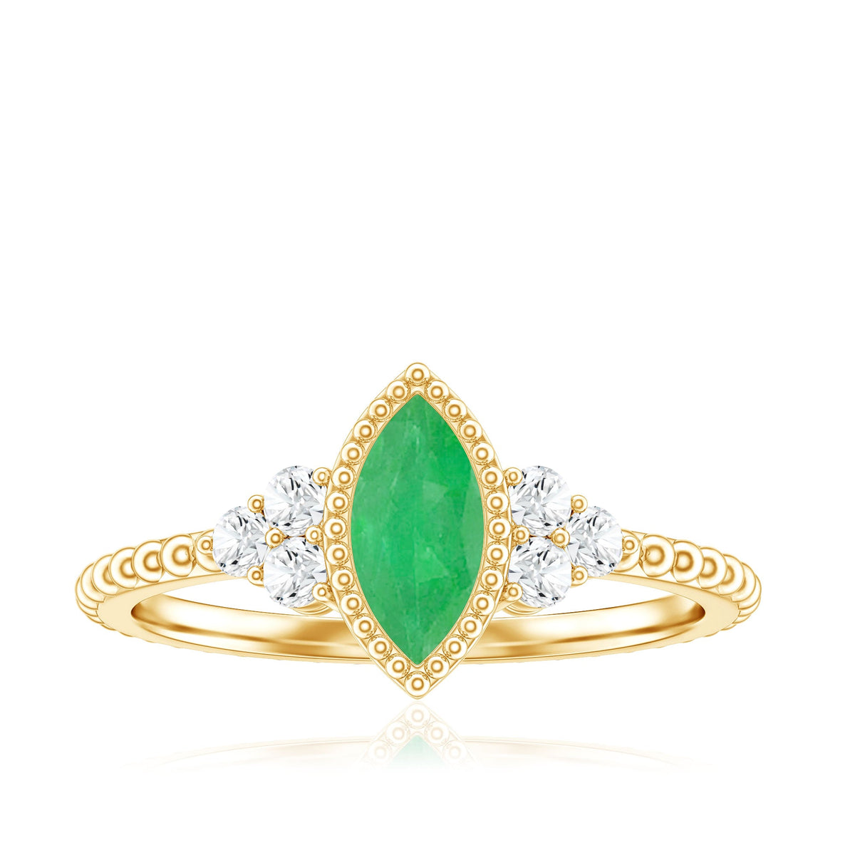 Vintage-inspired emerald promise engagement ring with trio diamonds from Rosec Jewels, featuring a central emerald gemstone and sparkling accents.