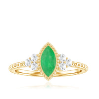Vintage-inspired emerald promise engagement ring with trio diamonds from Rosec Jewels, featuring a central emerald gemstone and sparkling accents.