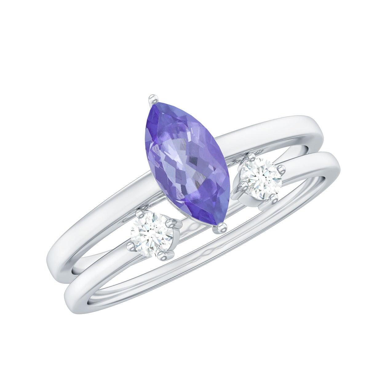 Pair of natural marquise tanzanite diamond promise rings by Rosec Jewels, featuring elegant gemstone designs in a set of two.