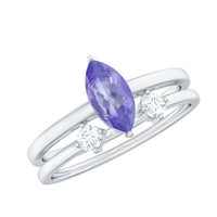 Pair of natural marquise tanzanite diamond promise rings by Rosec Jewels, featuring elegant gemstone designs in a set of two.