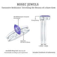 Set of two natural marquise tanzanite diamond promise rings featuring elegant gemstone settings by Rosec Jewels.