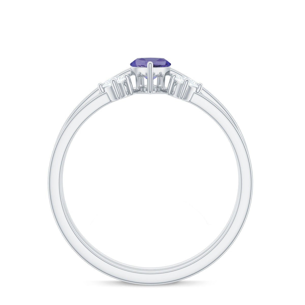 Pair of natural marquise tanzanite diamond promise rings by Rosec Jewels, showcasing elegant gemstone settings and intricate band design.