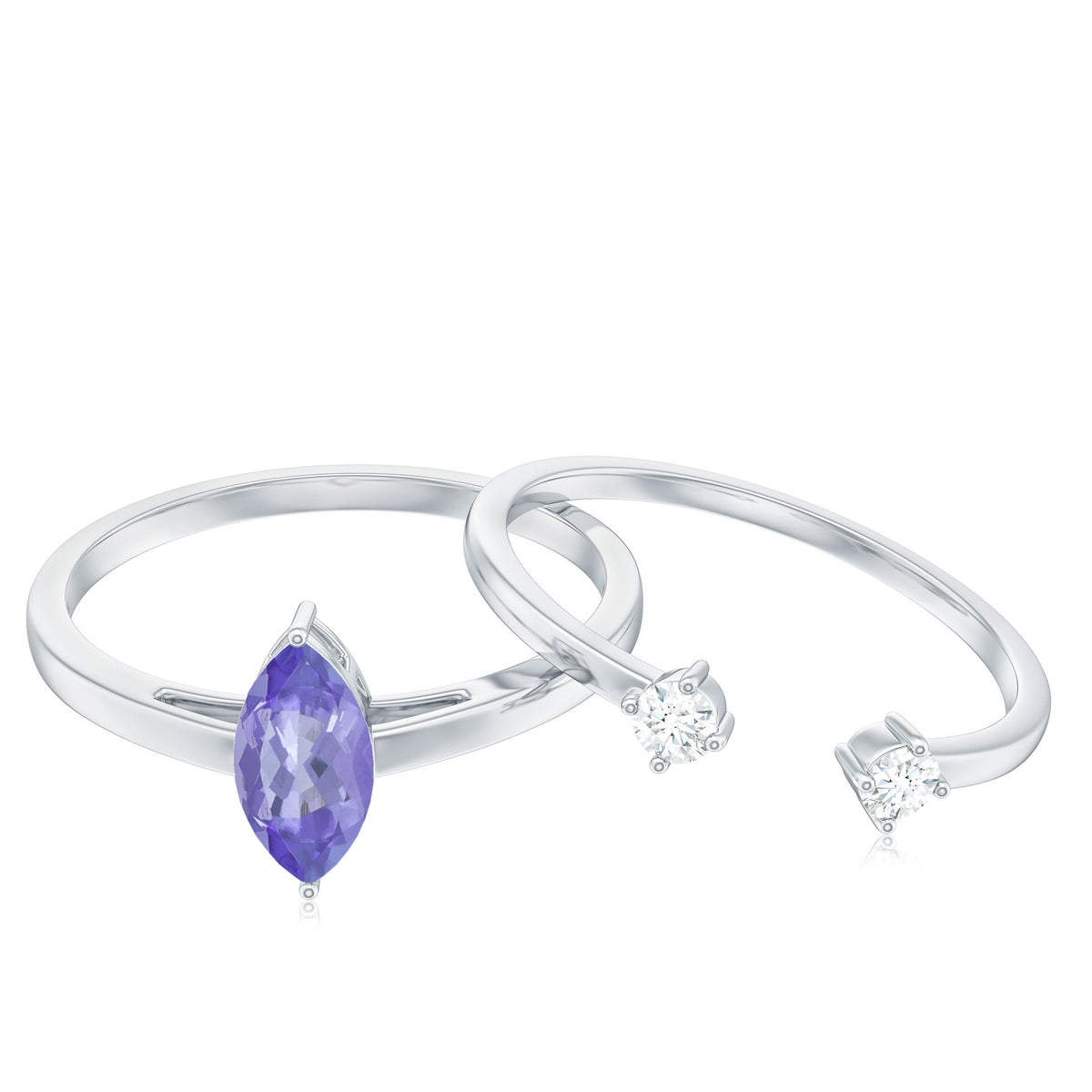 Set of two natural marquise tanzanite and diamond promise rings by Rosec Jewels, featuring elegant gemstone designs.