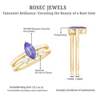 Two elegant natural tanzanite diamond promise rings set, featuring marquise-cut stones in a delicate jewelry design.