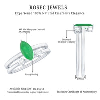 Pair of natural marquise emerald and diamond promise rings from Rosec Jewels, set of 2, featuring intricate band designs.