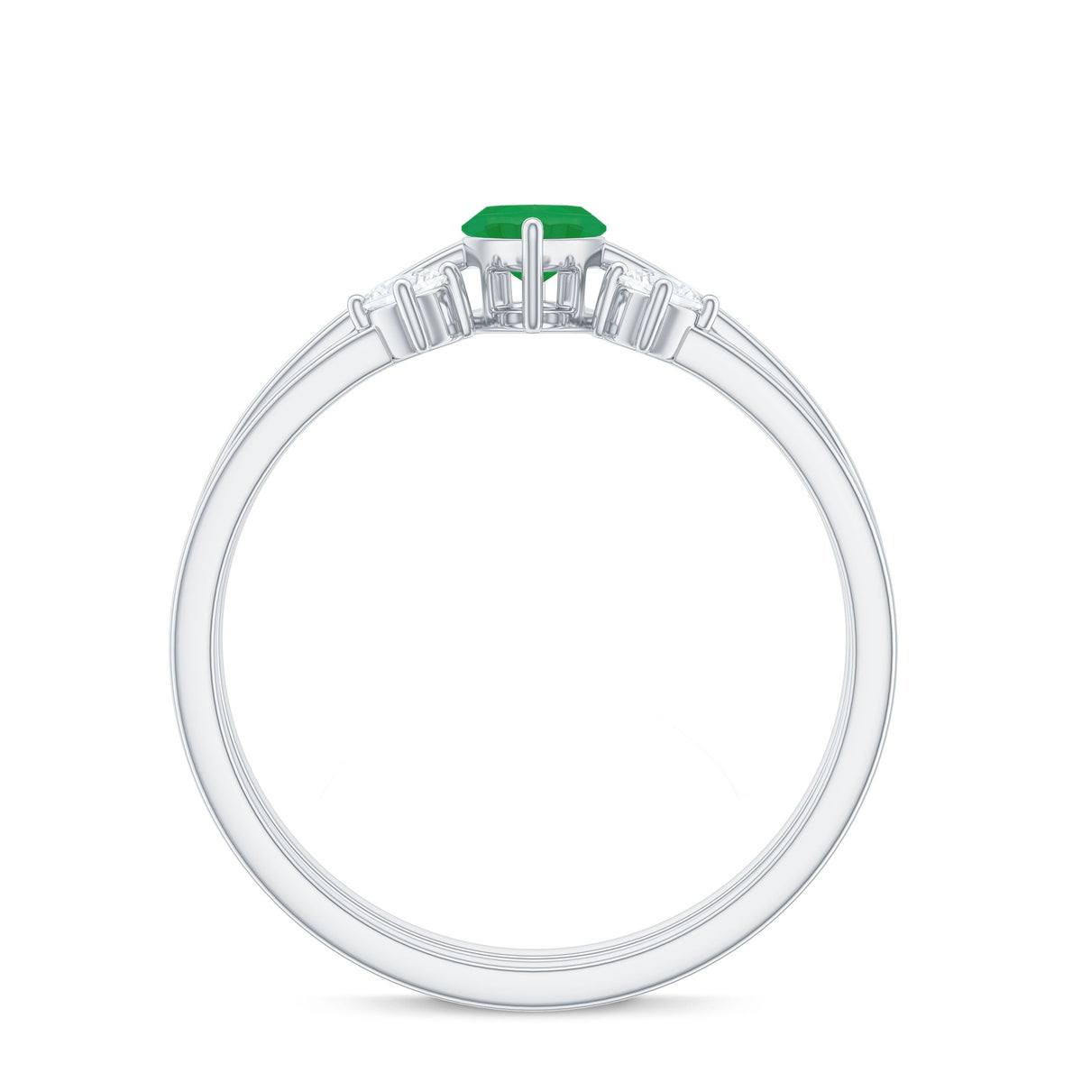 Pair of natural marquise emerald diamond promise rings by Rosec Jewels with sparkling emerald and diamond accents on silver bands.