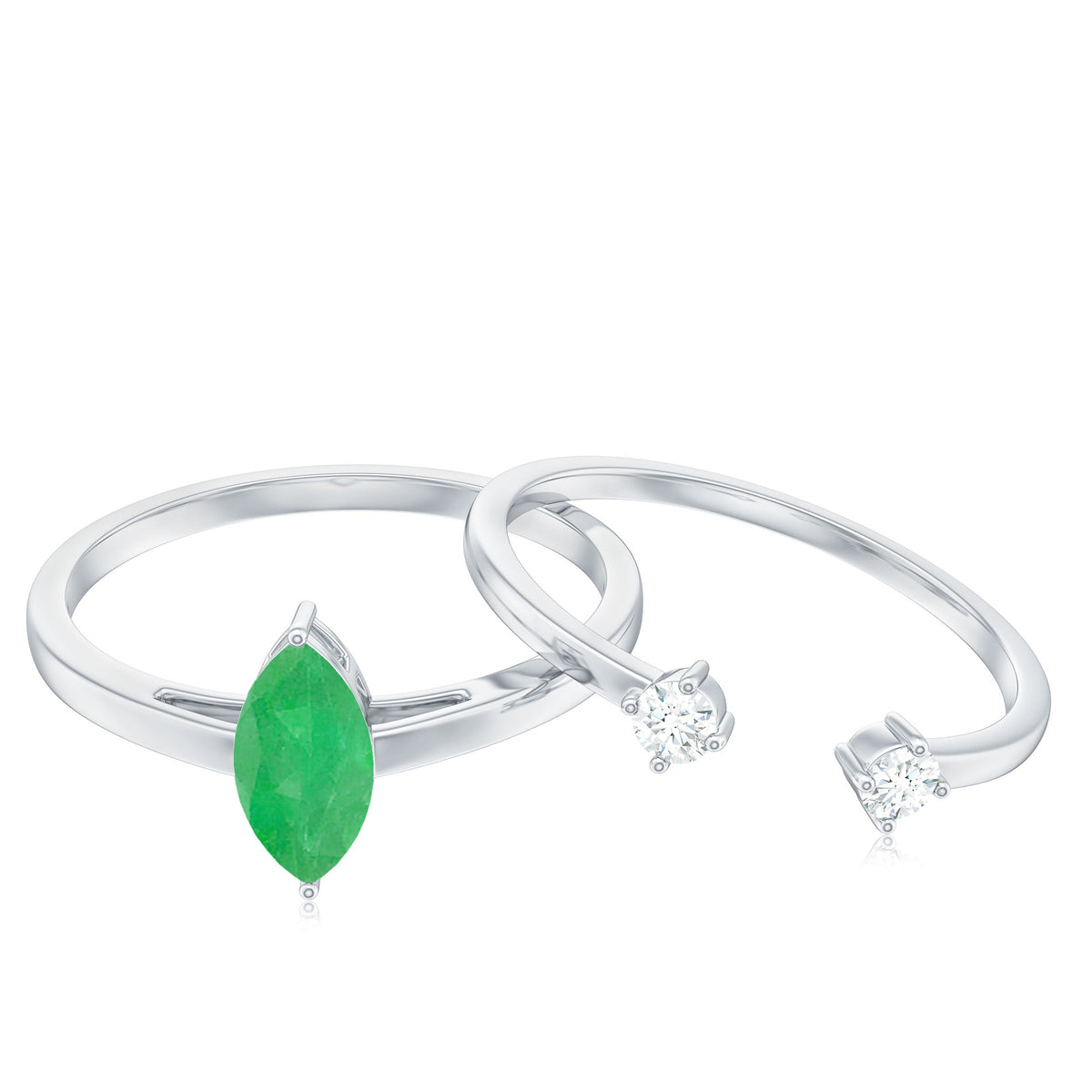 Pair of natural marquise emerald diamond promise rings by Rosec Jewels, showcasing sparkling emeralds and diamond accents in a elegant ring set.