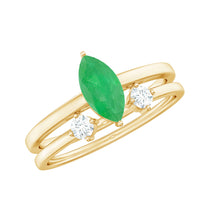 Pair of natural marquise emerald diamond promise rings by Rosec Jewels, featuring elegant design and sparkling gemstones.