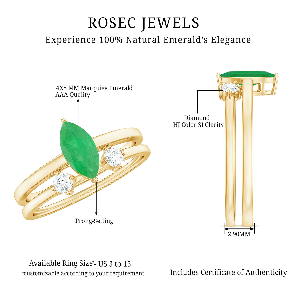 Two natural marquise emerald diamond promise rings by Rosec Jewels featuring elegant gemstone settings and intricate band details.