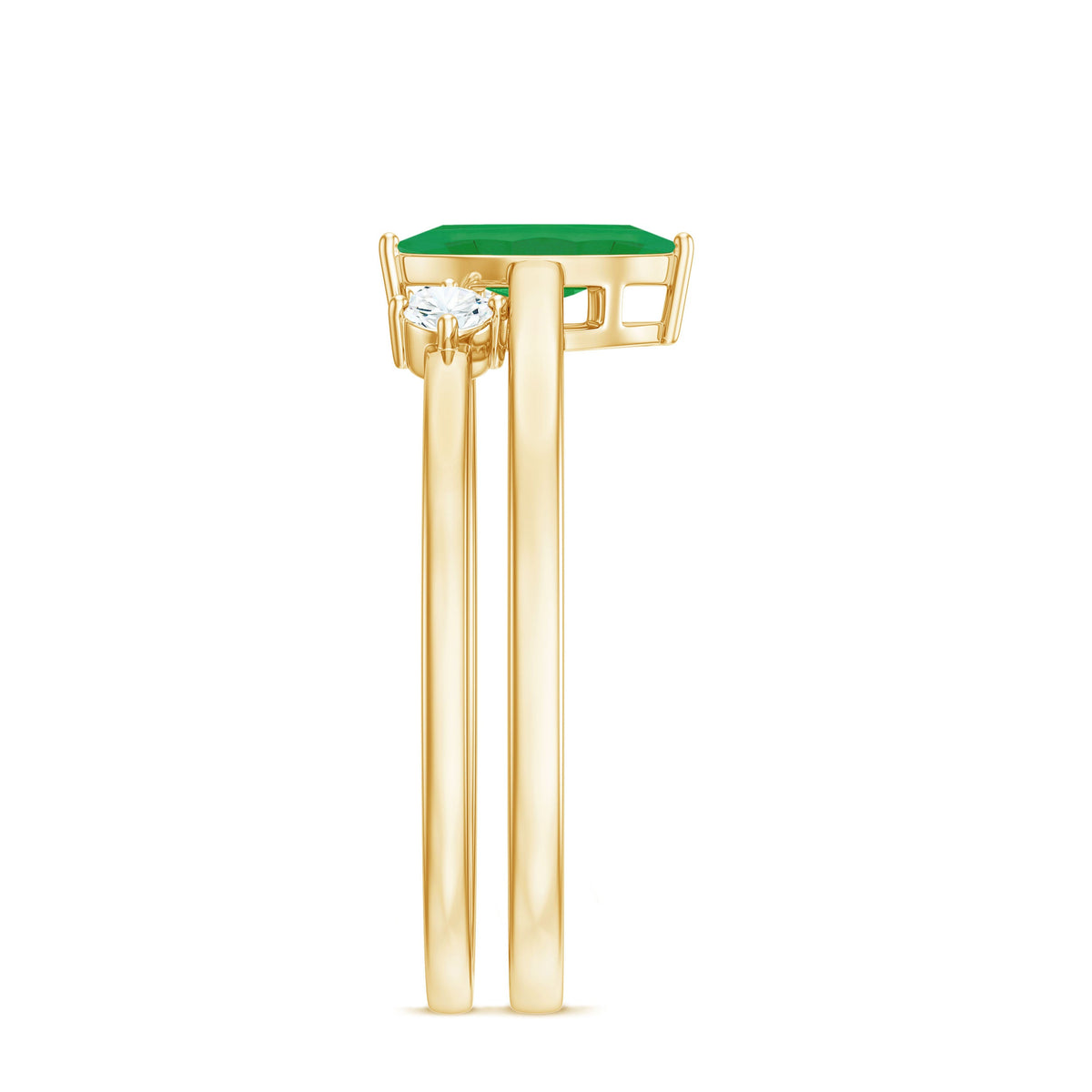 Natural Marquise Emerald and Diamond Promise Ring set by Rosec Jewels, featuring elegant gold bands with emerald and diamond accents.