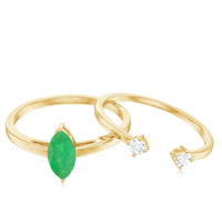 Two natural marquise emerald diamond promise rings from Rosec Jewels, featuring intricate band designs and sparkling gemstone accents.