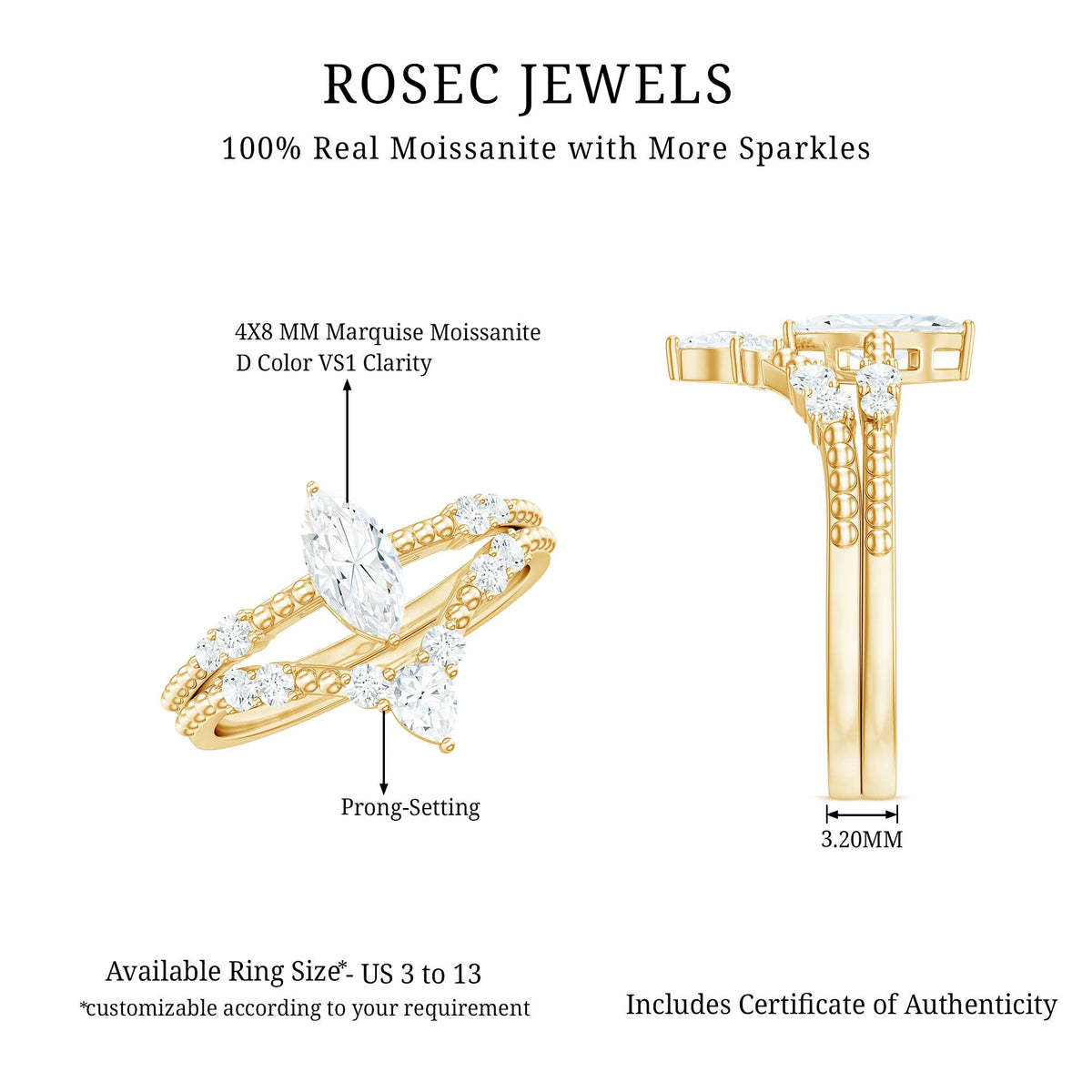 Marquise Cut Moissanite Wedding Ring Set with Beaded Detail
