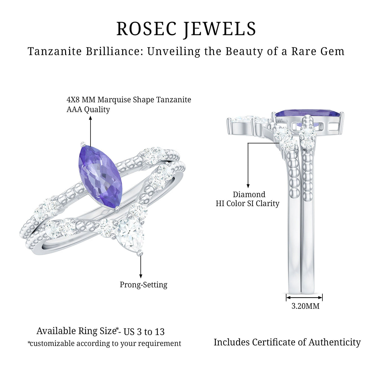 Natural Marquise Tanzanite and diamond engagement ring set by Rosec Jewels featuring a marquise-shaped tanzanite gemstone with diamond accents.