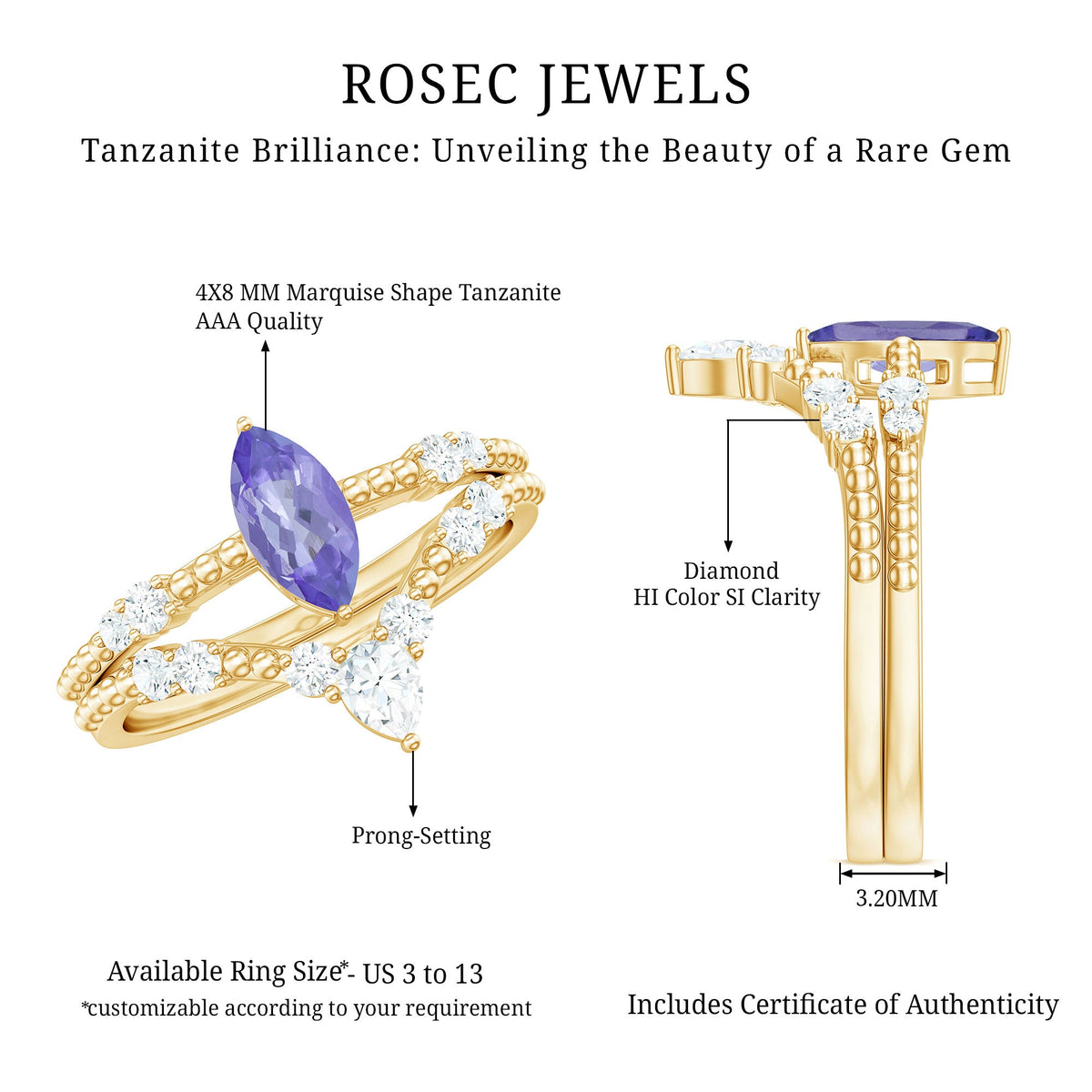 Natural Marquise Tanzanite and diamond engagement ring set by Rosec Jewels, featuring a marquise-cut tanzanite with sparkling diamonds.