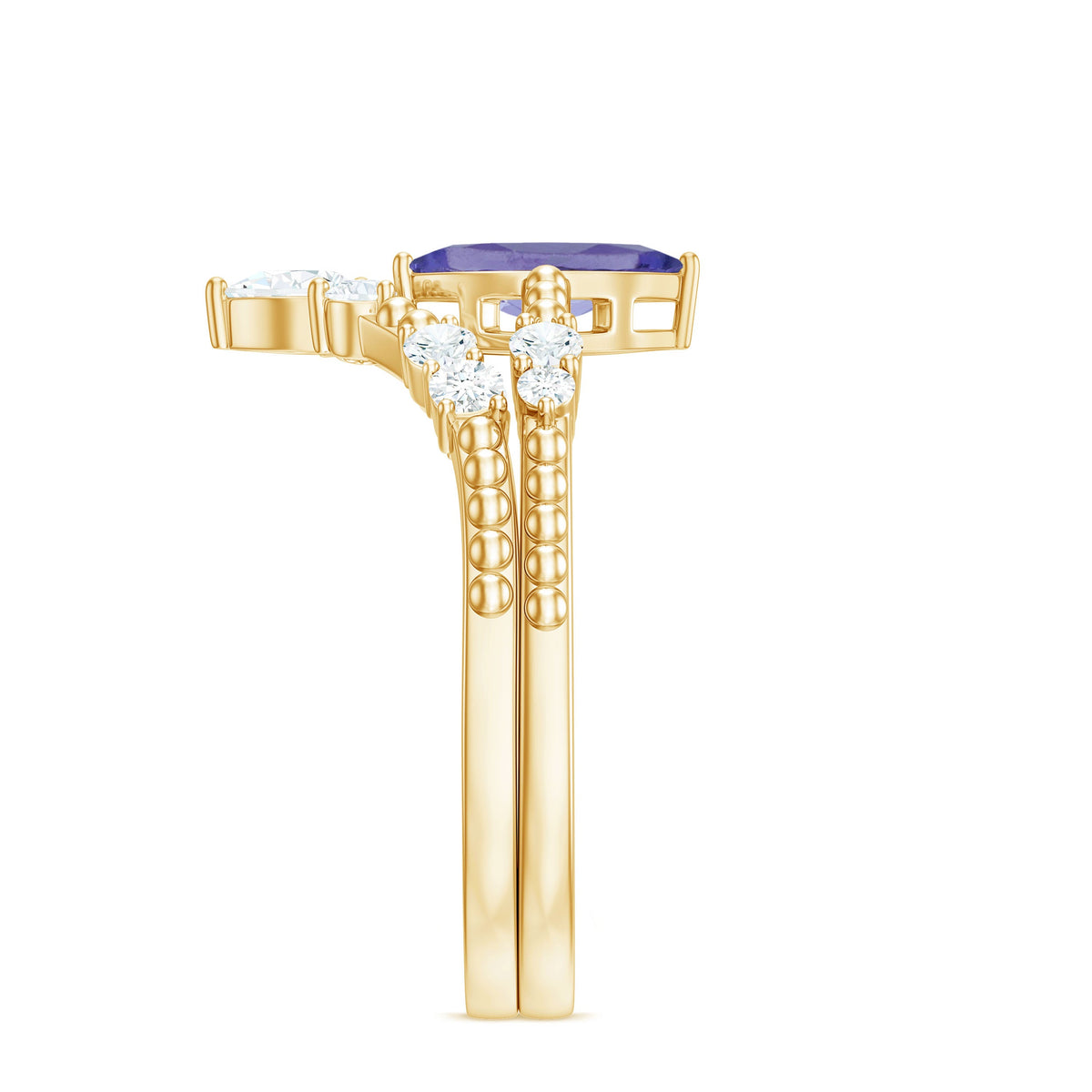 Natural marquise Tanzanite diamond engagement ring set with rose gold band, featuring intricate detailing and sparkling gemstones.