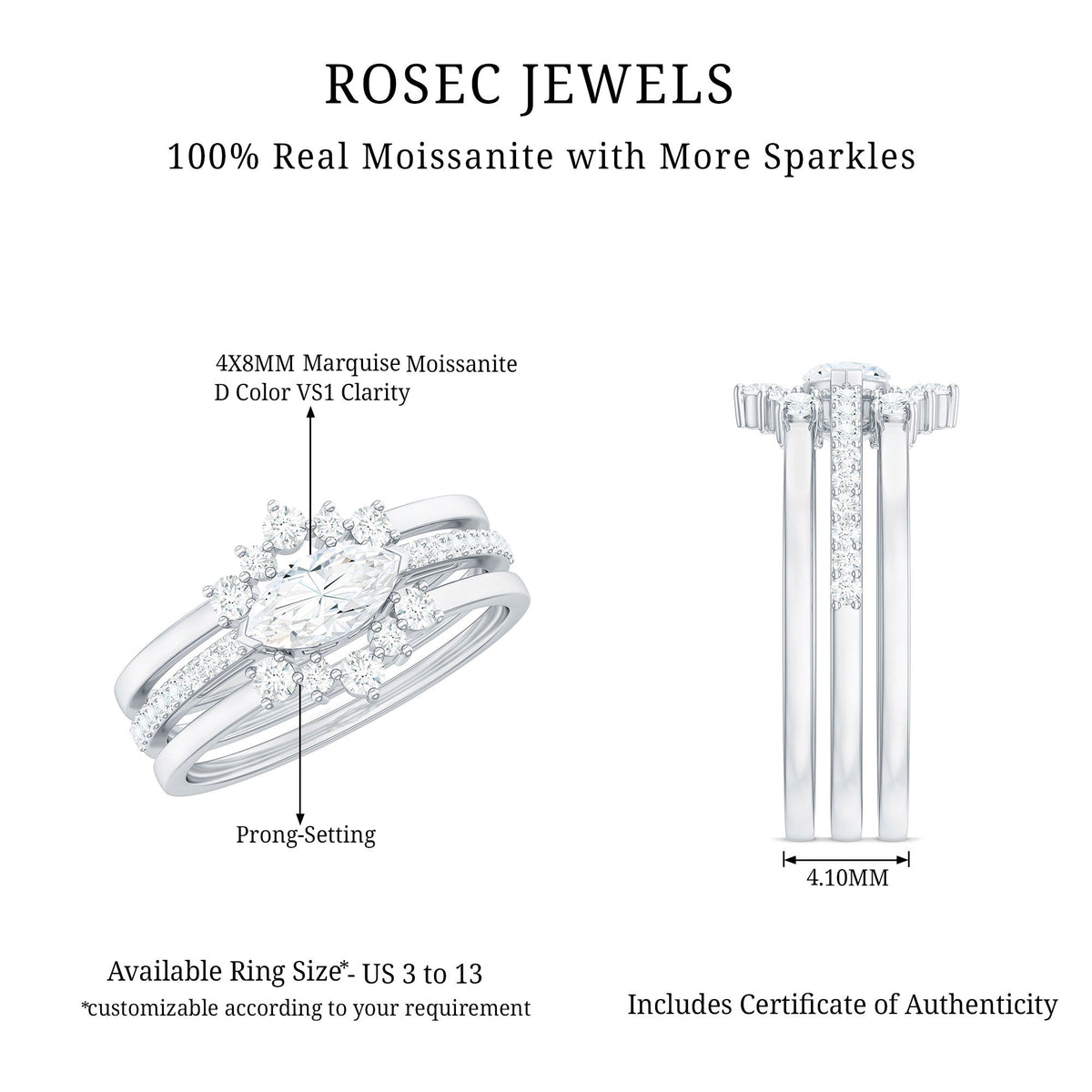 Certified Moissanite Trio Bridal Ring Set for Women