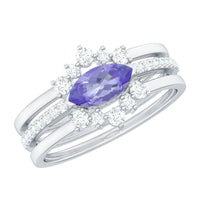Certified real marquise tanzanite wedding ring set with diamonds, featuring three elegant rings from Rosec Jewels.