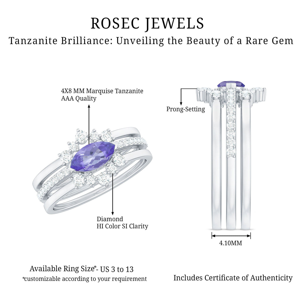 Certified real marquise tanzanite 3-piece wedding ring set with diamonds by Rosec Jewels, featuring elegant gemstone and diamond detailing.
