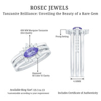Certified real marquise tanzanite 3-piece wedding ring set with diamonds by Rosec Jewels, featuring elegant gemstone and diamond detailing.