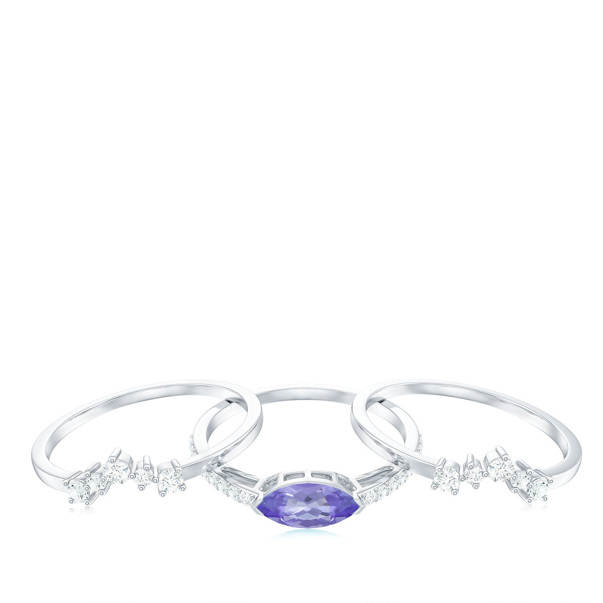 Certified real marquise tanzanite 3-piece wedding ring set with diamonds by Rosec Jewels, featuring elegant, sparkling gemstone rings.