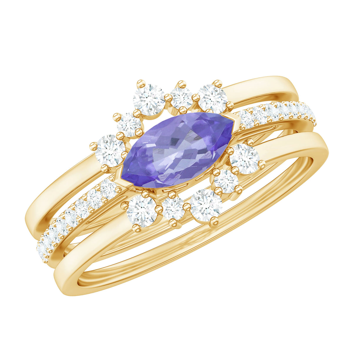 Certified real marquise tanzanite wedding ring set with diamonds, featuring three elegant rings by Rosec Jewels.