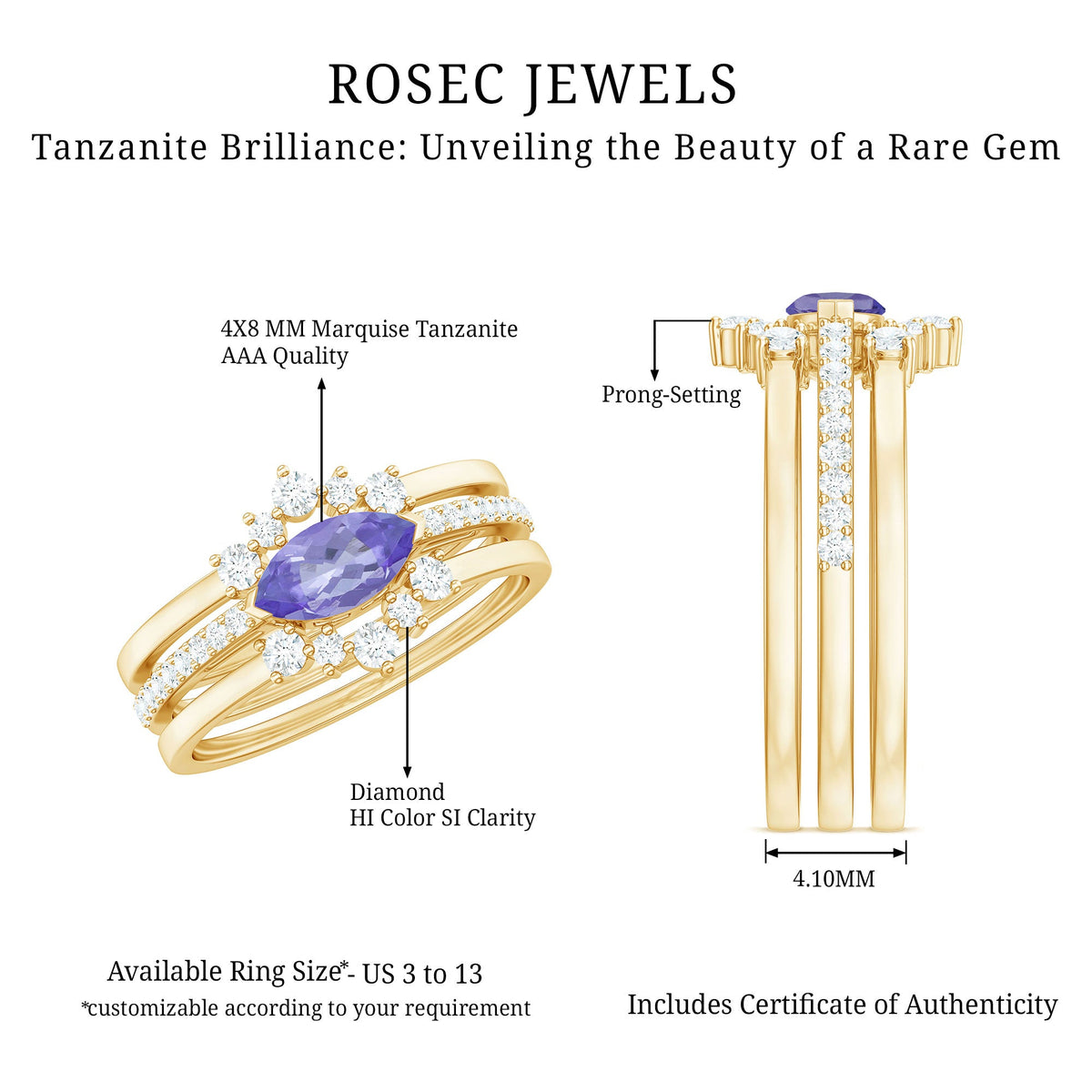 Certified real marquise tanzanite 3-piece wedding ring set with diamonds from Rosec Jewels, featuring elegant, sparkling gemstone rings.