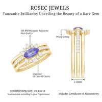 Certified real marquise tanzanite 3-piece wedding ring set with diamonds from Rosec Jewels, featuring elegant, sparkling gemstone rings.
