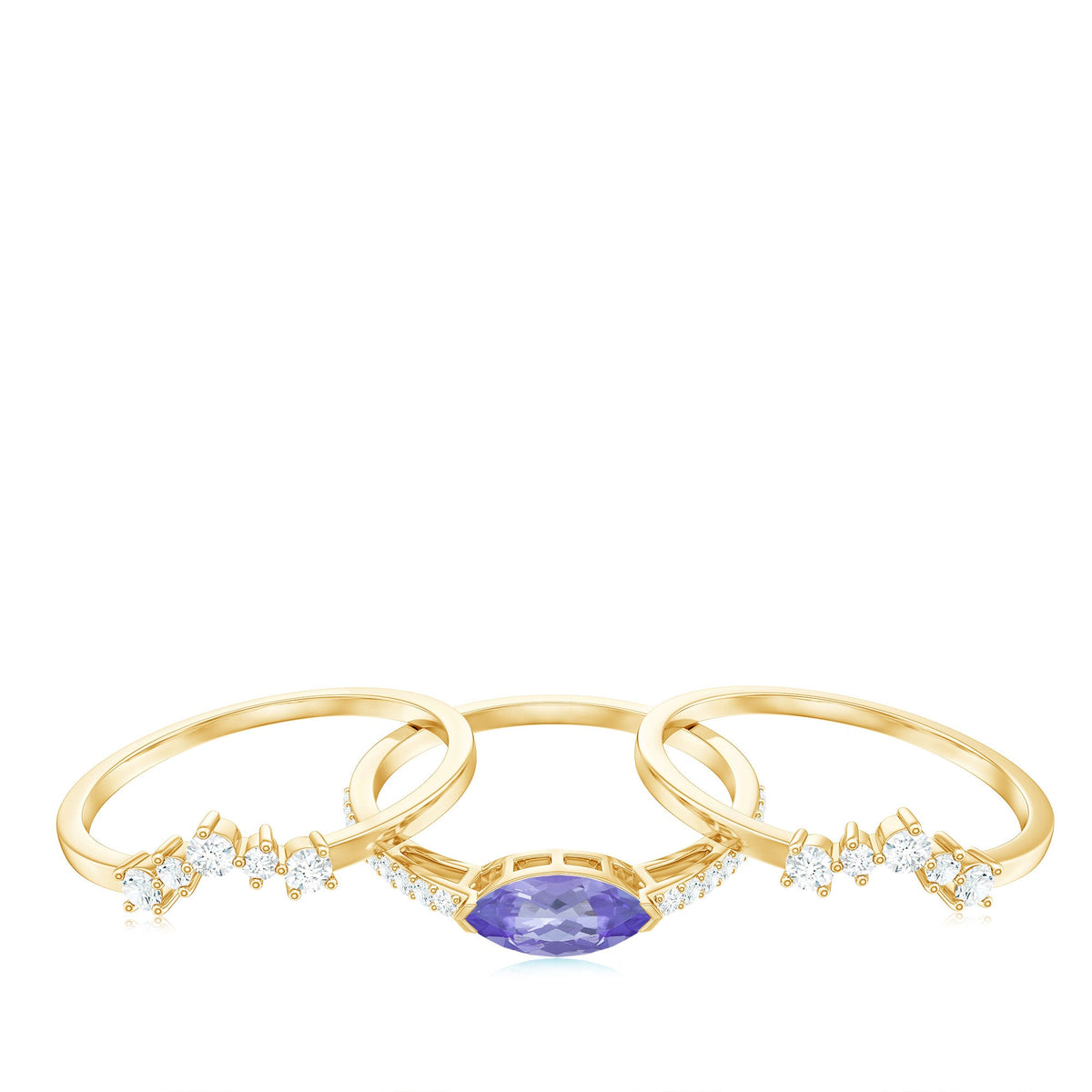 Certified real marquise tanzanite wedding ring set with diamonds, featuring three elegant rings by Rosec Jewels.