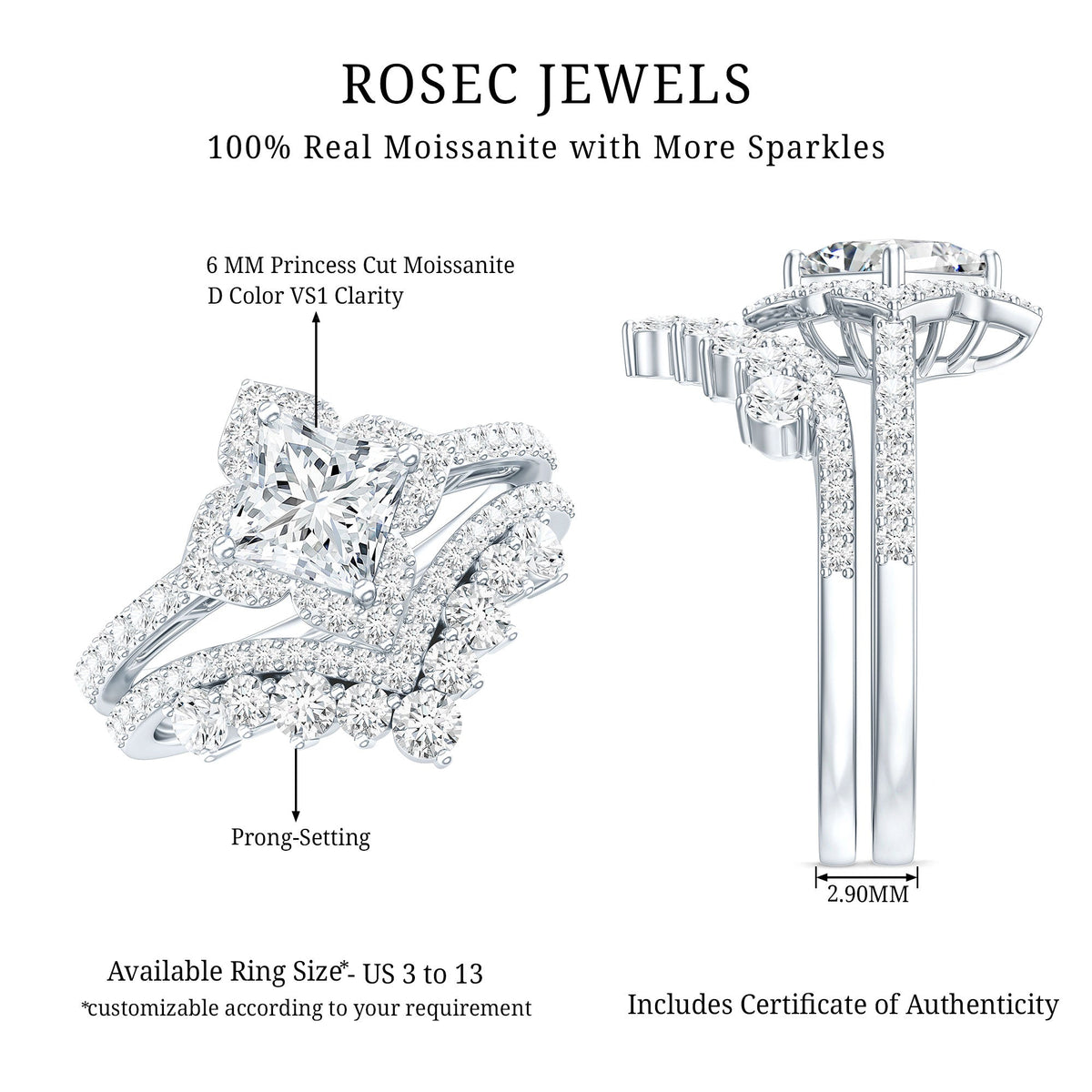 Princess Cut Moissanite Bridal Wedding Ring Set for Women