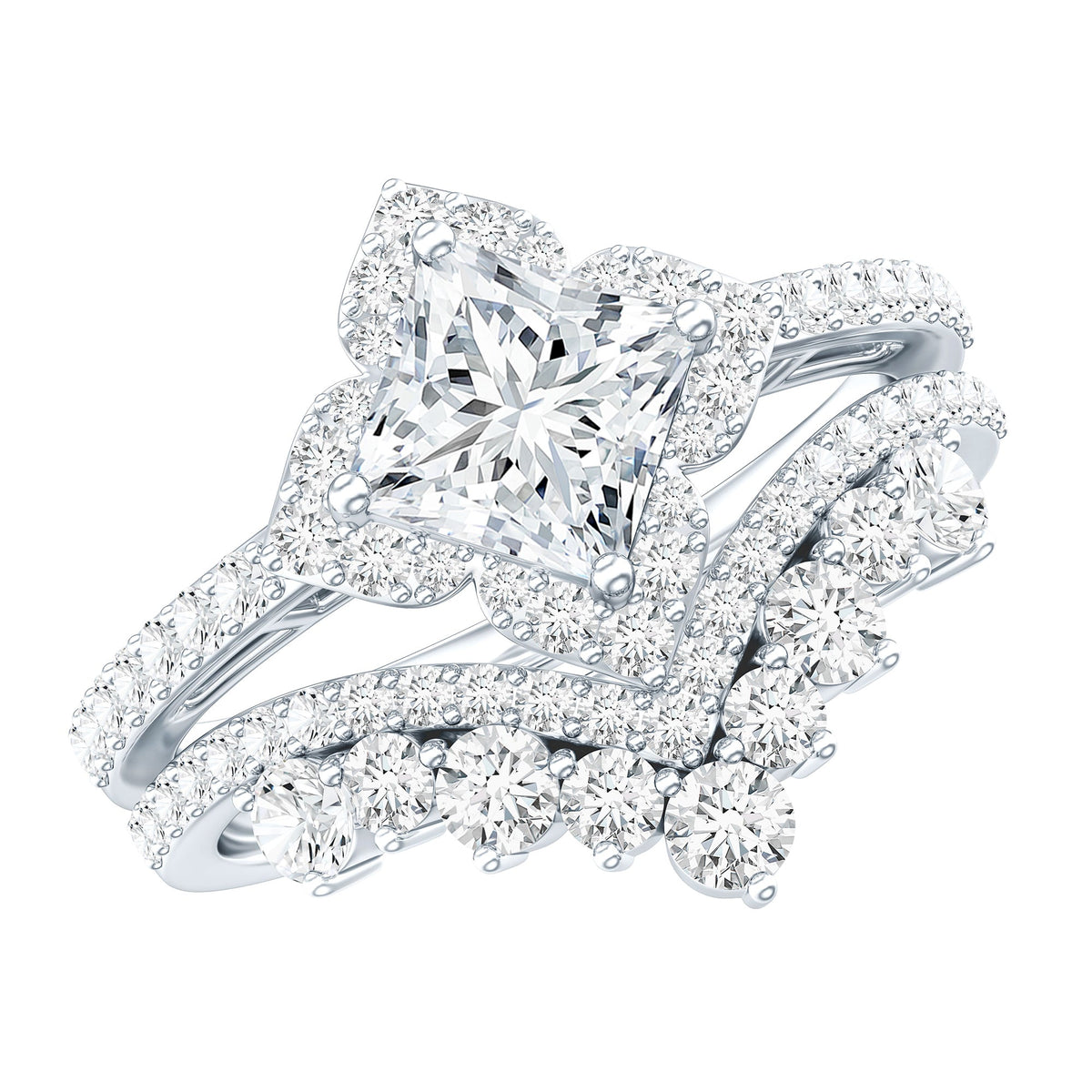 Certified Princess Cut Cubic Zirconia Flower Engagement Ring with Wedding Band