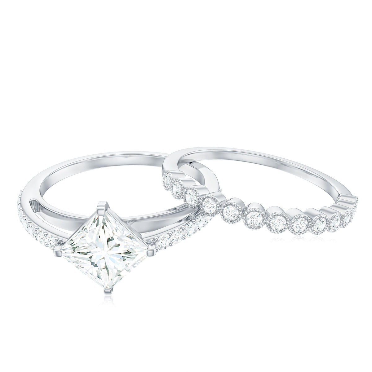 Princess Cut Moissanite Engagement Ring with Wedding Band Set