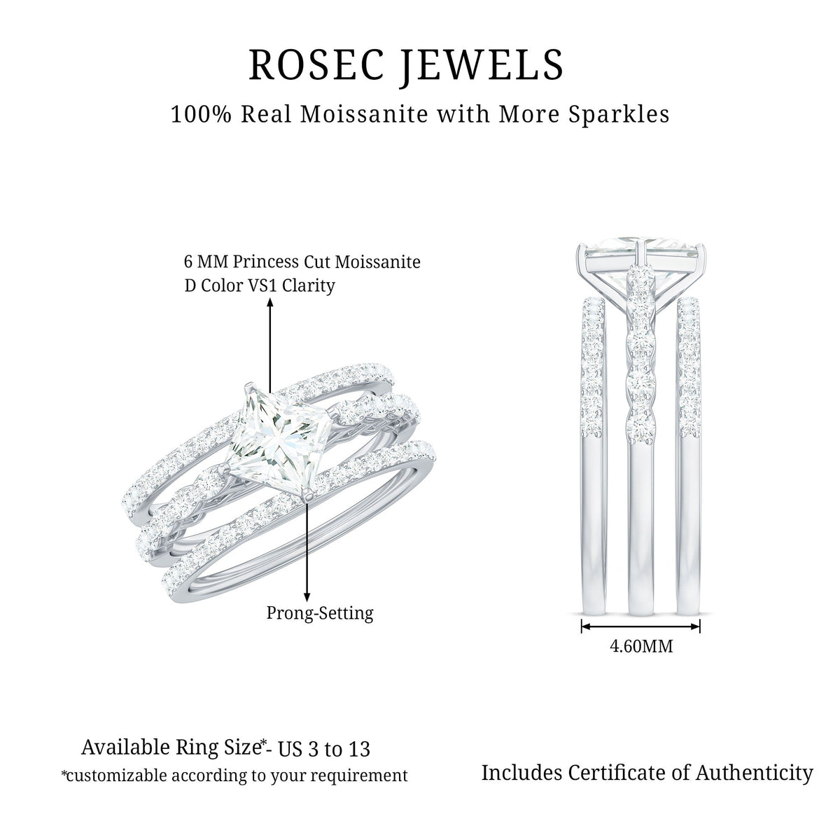 Princess Cut Moissanite 3 Piece Bridal Ring Set
