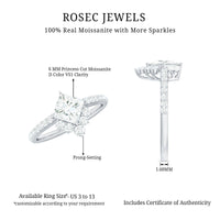 Princess cut moissanite designer engagement ring for women by Rosec Jewels, featuring a sparkling center stone and elegant band.
