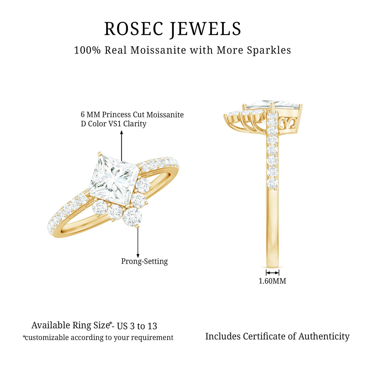 Princess cut moissanite designer engagement ring for women with a sparkling center stone and intricate band design by Rosec Jewels