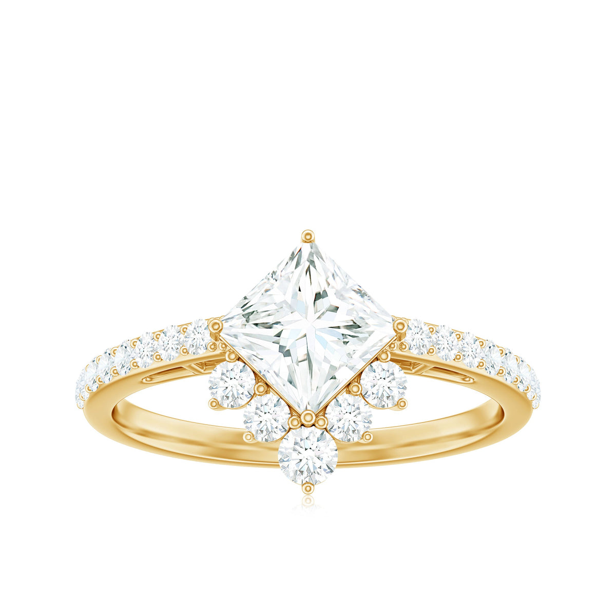 Princess cut moissanite designer engagement ring for women with a sparkling center stone and elegant band, by Rosec Jewels.