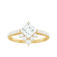 Princess cut moissanite designer engagement ring for women with a sparkling center stone and elegant band, by Rosec Jewels.