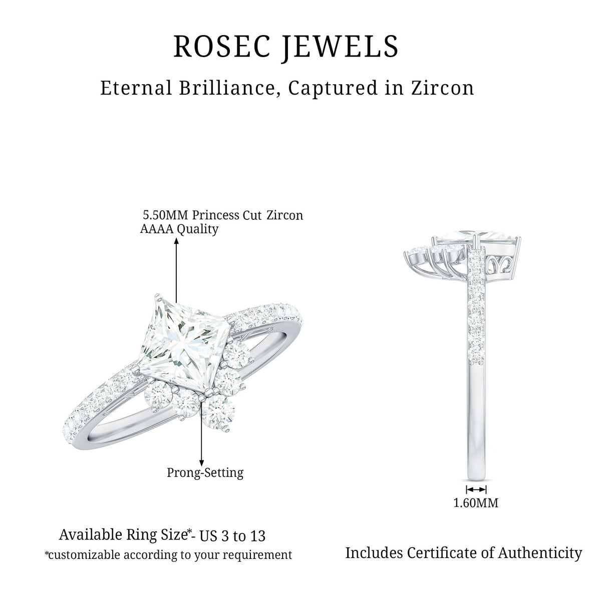 Rosec Jewels 1.75 CT princess cut solitaire zircon engagement ring with a sleek band and elegant design.