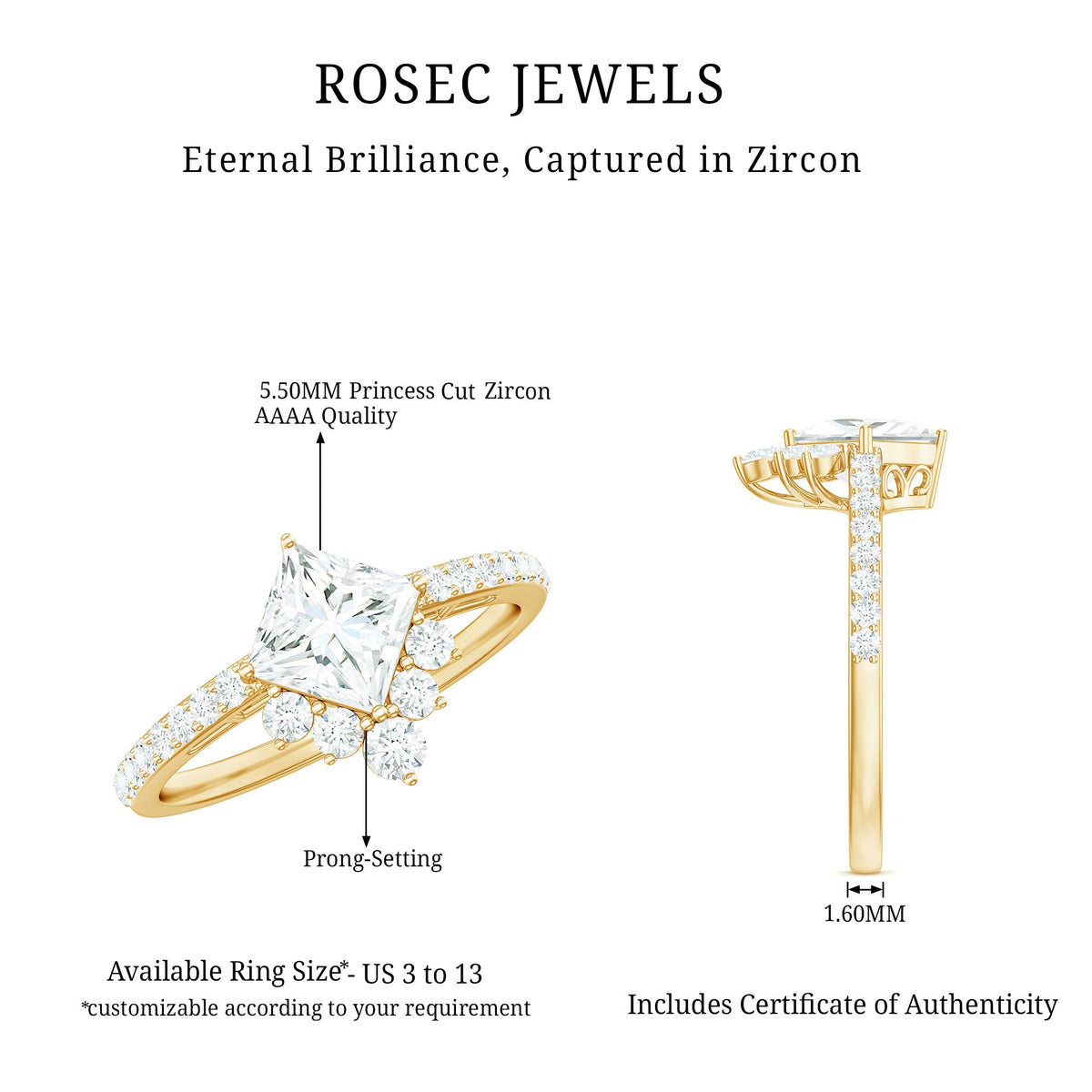 Rosec Jewels 1.75 CT princess cut solitaire zircon designer engagement ring with a sleek band and sparkling central stone.