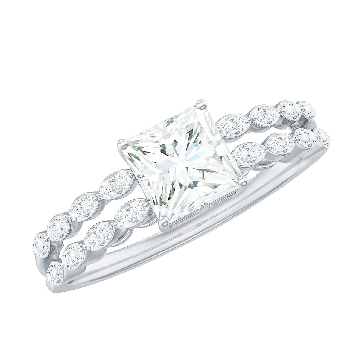 Rosec Jewels princess cut zircon double band engagement ring with side stones, showcasing sparkling gemstone details.