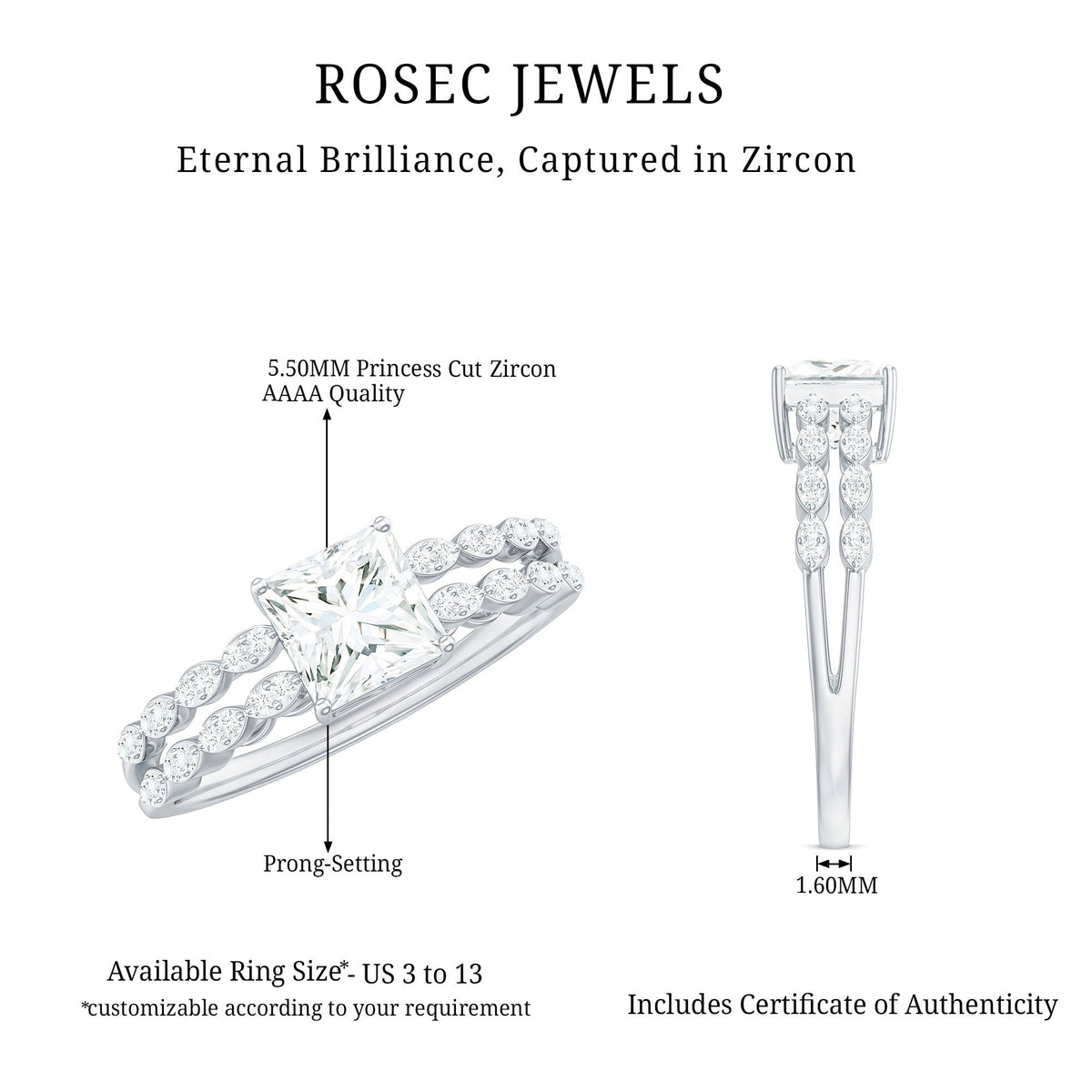 Rosec Jewels princess cut zircon double band engagement ring with side stones, featuring sparkling gemstones and intricate band design.